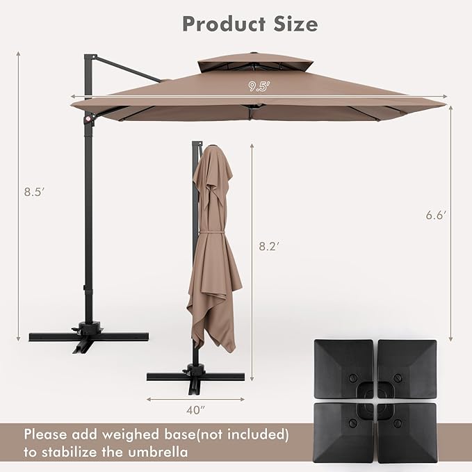Tangkula 9.5 FT Cantilever Patio Umbrella, Outdoor Square Offset Umbrella with 360° Rotation, Double Top Heavy Duty Patio Hanging Umbrella with Cross Base for Garden Deck Pool Backyard (Tan)