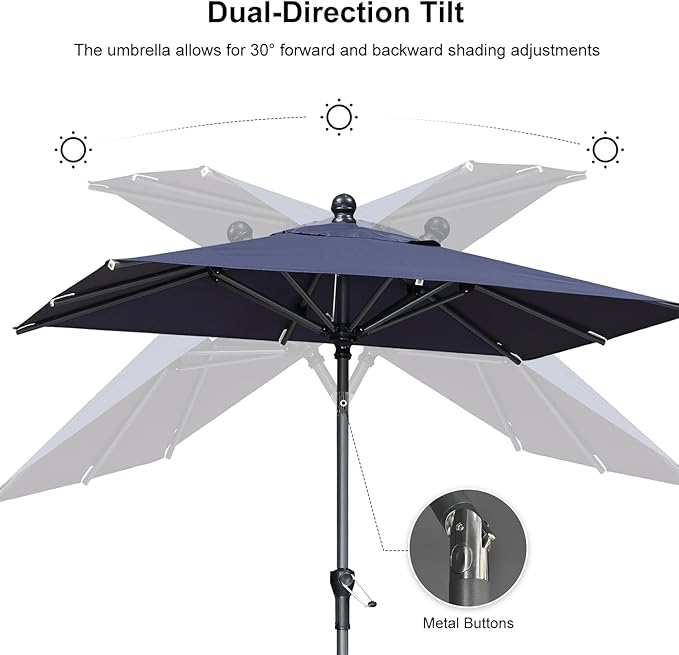 PURPLE LEAF 6.5' x 6.5' Square Patio Market Umbrella with Base Outdoor Table Umbrellas Aluminum Frame Sun Shade with 8 Sturdy Ribs Tilt for Garden Deck Lawn Pool Navy Blue