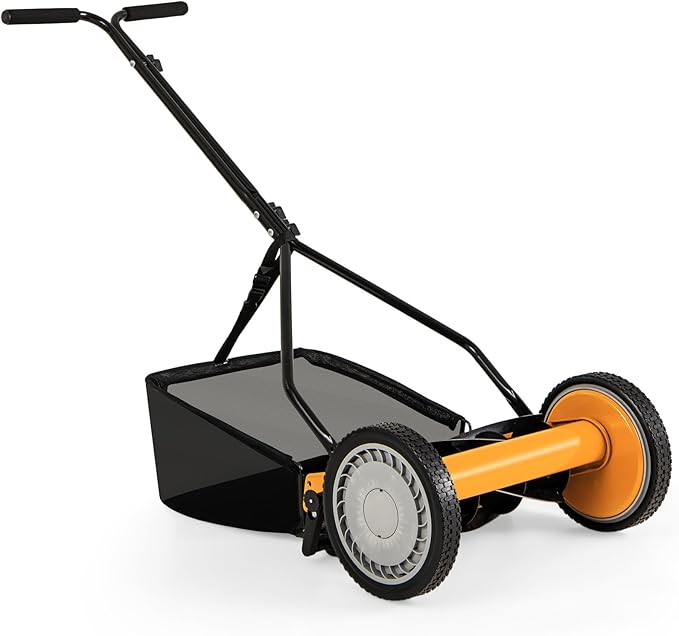 IRONMAX Lawn Mower, 14 Inch Push Reel Lawn Mower with 5 Steel Blades, Adjustable Cutting Heights, Grass Catcher Bag, Walk-Behind Manual Lawnmower for Garden Park Yard, No Motor (Orange, 14 Inch)