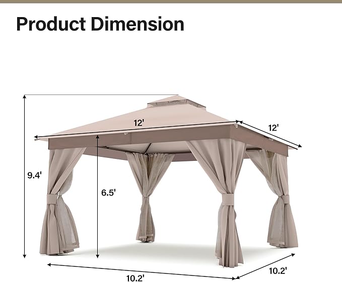 LAUSAINT HOME Patio Gazebo 12'x12', Outdoor Heavy Duty Party Tent Shelter with Double Roofs, Mosquito Nettings and Privacy Screens for Backyard, Garden, Lawn, Khaki
