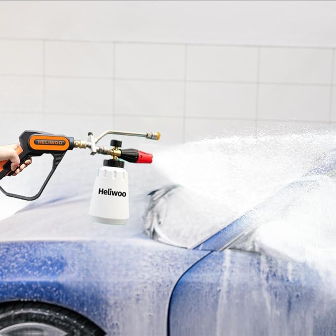 Short Pressure Washer Gun with Foam Cannon 5000 PSI, 1/4 Inch Quick Connector, with 5 Pressure Washer Nozzle Tips, 1 Liter Dual Connector