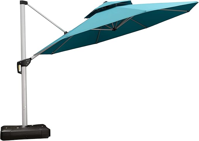 PURPLE LEAF 13 Feet Double Top Round Deluxe Patio Umbrella Offset Hanging Umbrella Outdoor Market Umbrella Garden Umbrella, Turquoise Blue