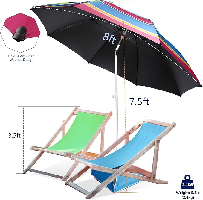 Fisqueen 8FT Large Beach Umbrella with Level 7 Wind Resistance, Sand Anchor, Portable Outdoor Umbrella with UPF50+ UV Protection, Tilt Sun Shelter for Beach, Patio, Yard