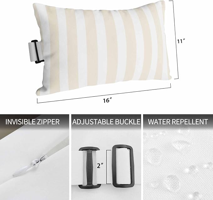 Cream Striped Outdoor Chaise Lounge Head Pillow with Insert,Modern Farmhouse Cream White Stripes Waterproof Headrest Lumbar Pillow Cusion Cover with Elastic Strap for Patio Beach Recliner,12"x20"2PCS