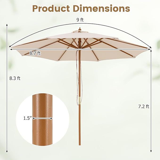 HAPPYGRILL 9 FT Patio Umbrella, Outdoor Table Market Umbrella with 8 Sturdy Bamboo Ribs, Wood Pole, Sun-Protective Double-Tier Canopy, Air Vent, Sunshade Parasol for Garden Deck Backyard Pool (Beige)
