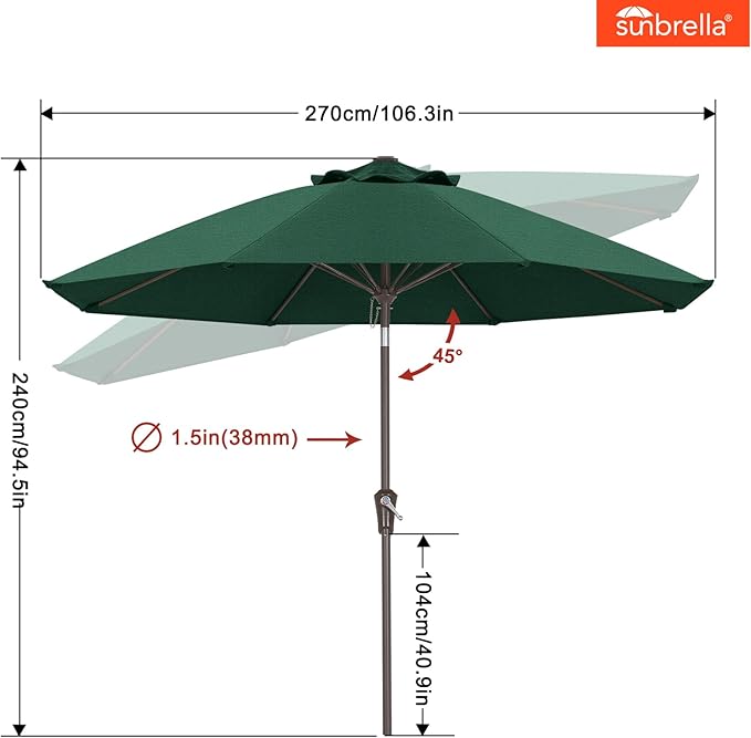 ABCCANOPY 10-Year No Fading 9FT Patio Umbrella, Acrylic Outdoor Table Umbrella with 8 Sturdy Ribs for Deck, Backyard, Garden, Yard (Green)