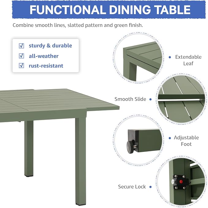 Soleil Jardin 7-Piece Outdoor Patio Dining Set, 59" - 83" Aluminum Expandable Outdoor Dining Table Set for 6, 6 Stackable Chairs with Beige Removable Cushions, Green