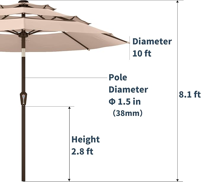 PatioKingdom 9ft 3-Tier Patio Market Umbrella with Crank/Tilt, Commercial Heavy Duty Wind Proof,Outdoor Table Umbrella with 8 Fiberglass Ribs,UPF50+ for Deck,Pool,Garden,Backyard (Beige)