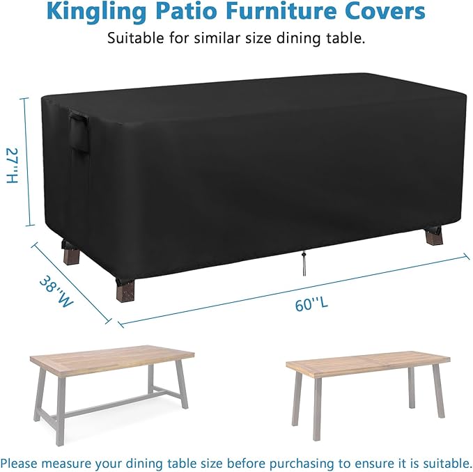 Kingling Patio Table Covers, Rectangular Outdoor Dining Table Cover 60 inch Outdoor Coffee Table Covers Waterproof Heavy Duty Patio Furniture Covers for Outdoor- 60''L x 38''W x 27''H (Black)