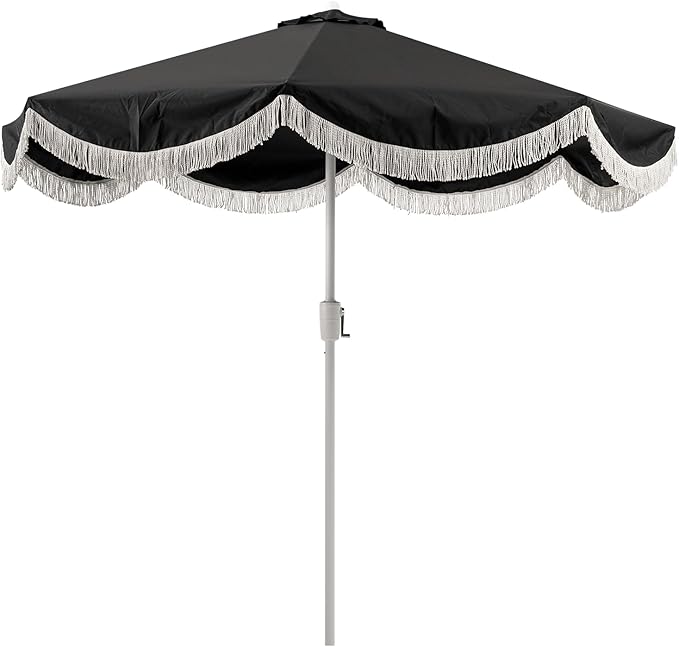 Tempera 9ft Auto Tilt Scalloped Patio Umbrellas with Fringe, Outdoor Table Umbrellas with Fade Resistant Canopy, 8 Sturdy Rids, Luxurious Vintage Umbrellas for Lawn, Pool, Deck, Balcony