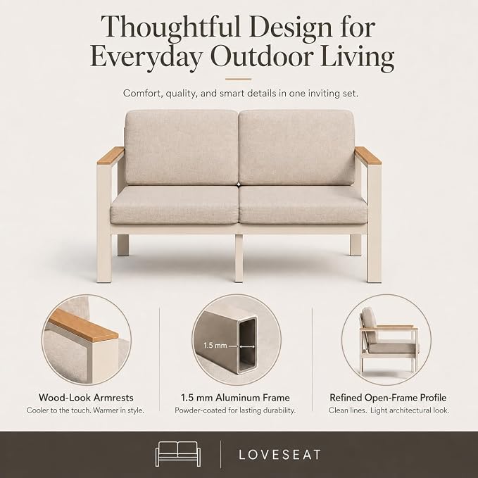 Aluminum Outdoor Patio Furniture Loveseat, All-Weather 2-Seat Patio Sofa with Rust-Resistant Frame and Water-Resistant Easy-Clean Cushions for Porch, Deck, Backyard, Beige