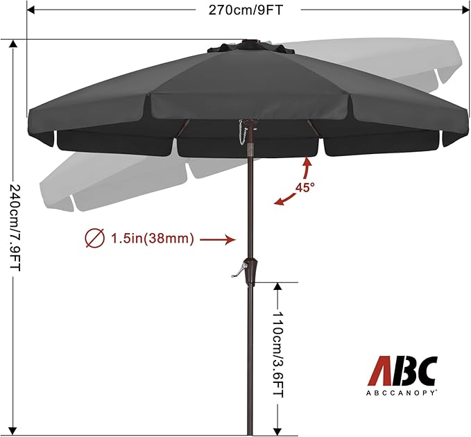 ABCCANOPY 9ft Scalloped Patio Umbrella, Outdoor Table Umbrella with Tilt and Crank, Fiberglass Ribs Deck Umbrella for Patio, Pool, Garden, Picnic (Deep Gray)