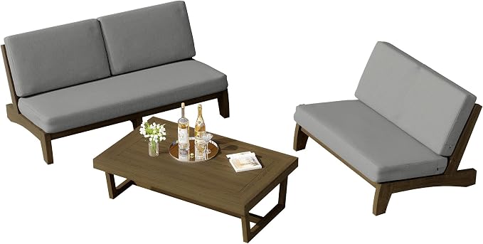 3 Piece Wood Outdoor Patio Frutnire Set, 5 Seater Patio Conversation Sets with Thick Cushions, Outdoor Sectional Furniture with Coffee Table - Gray