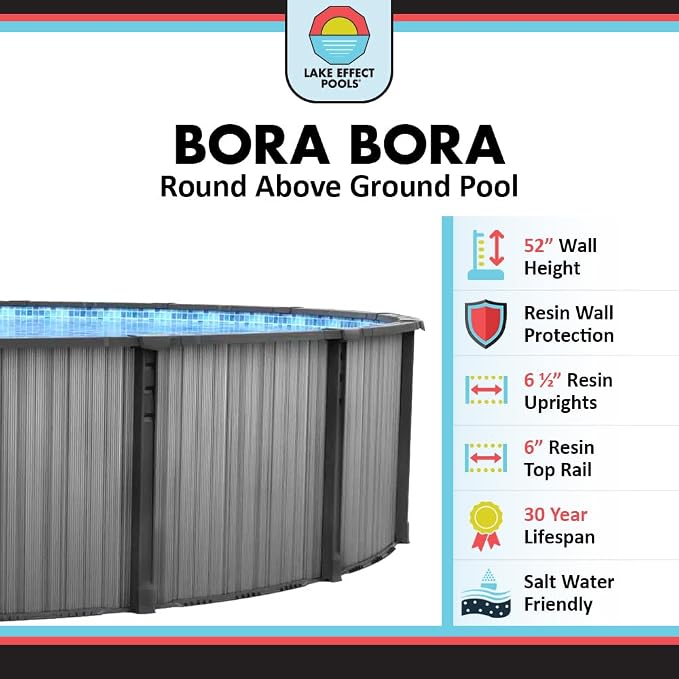 Lake Effect Pools 'Bora Bora' 24 ft Round Above Ground Swimming Pool | 52 Inch Resin Protected Steel Sided Walls | Bundle Includes: 25 Gauge Overlap Liner & Widemouth Skimmer