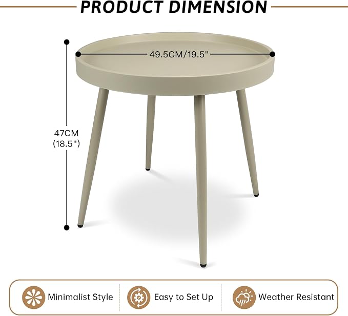 Small Outdoor Side Table - Round Metal End Table with PP Desktop & Anti-Fall Fence - Mini Coffee Table for Small Spaces - Patio, Porch, Living Room- Camel