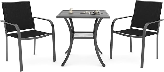 Anmutig 3 Piece Square Outdoor Patio Dining Set with 27.5 Inch Table and 2 Stackable Black Chairs