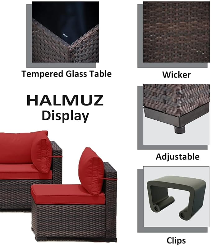 9 Pieces Outdoor Patio Furniture Sets,Wicker Conversation Set Sectional Sofa,Includes 8 All-Weather High Back PE Rattan Seating Components w/Thickened Cushions&Coffee Table,Red