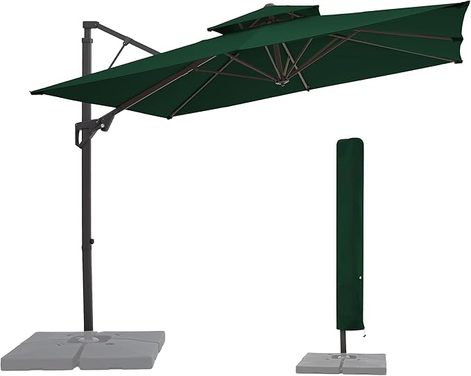 JEAREY 10ft 2-Tier Cantilever Patio Umbrella, Large Square Outdoor Offset Umbrella with Double Top Vent and 360-degree Rotation for Garden, Deck, Pool, Patio, Dark Green