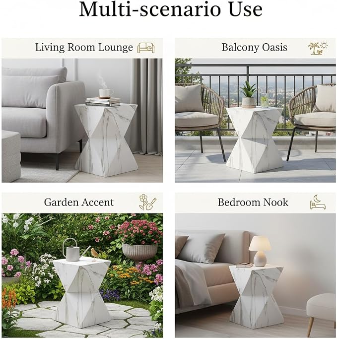 Merax 18.5" H Modern Geometric MGO Side Table, Hourglass Accent Table with Faux Marble Finish - Weather Resistant End Table for Indoor and Outdoor Use, Living Room, Bedroom & Patio, White Marble