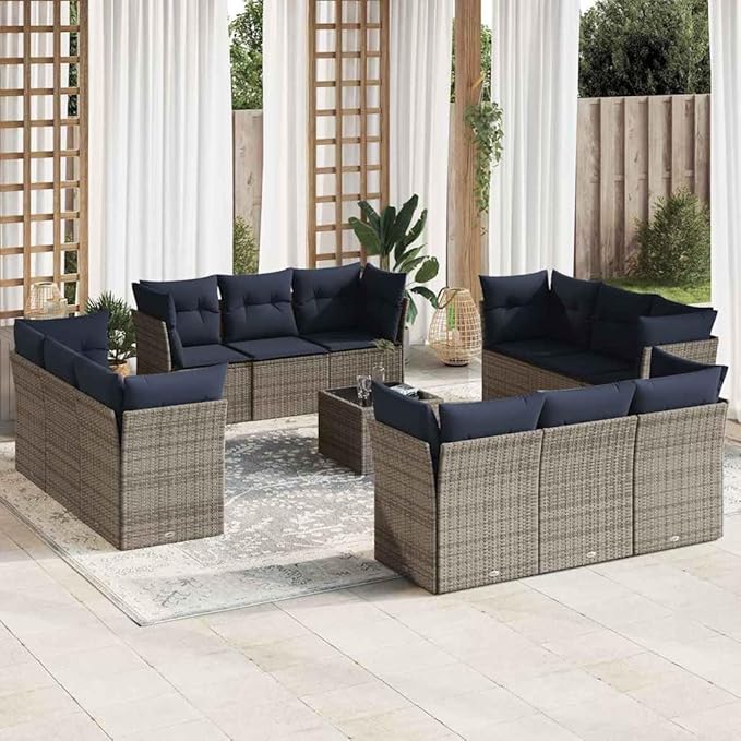 vidaXL Patio Sofa Set with Cushions 13 Piece, Patio Furniture with Glass Table, Outdoor Conversation Set, Modern Style, Gray Poly Rattan