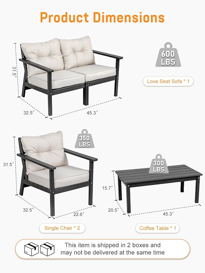 HDPE Patio Conversation Set 6 Seats, Outdoor Furniture Set, Patio Sofa Set | Water-Resistant Thick Cushion, HDPE All Weather, Wood-Grain, No Rot or Rust or Crack, UV Fade Shield, Easy-Clean for Outside