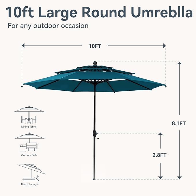 GREEN PARTY 10ft Outdoor Patio Umbrella, [Auto-Tilting] 3 Tiers Market Table Umbrellas with 1.5" Pole, 8 Sturdy Ribs, 3-Year-Non-Fading for Garden Deck Pool Backyard, Cerulean