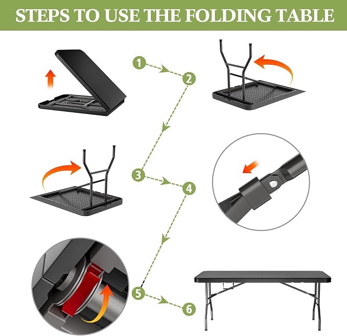 MEI&CO 6ft Heavy-Duty Outdoor Folding Table for 6 - Sturdy HDPE Top, 350lbs Capacity, Foldable Lockable Design, No Assembly - Camping Parties Picnics (Black)