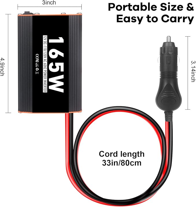 165W Car Power Inverter 12V AC to 110V/120V DC Converter Peak Power 330W Indoor & Outdoor Use with 2 AC Outlets & 2 USB Ports Car Laptop Charger Car Adapter