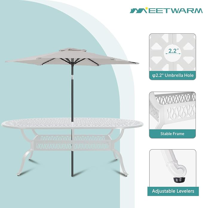MEETWARM 9-Piece Outdoor Patio Dining Set- 8 Outdoor Dining Cushioned Chairs and 1 Oval Table with 2" Umbrella Hole, All Weather Cast Aluminum Patio Funiture Set for Backyard, White