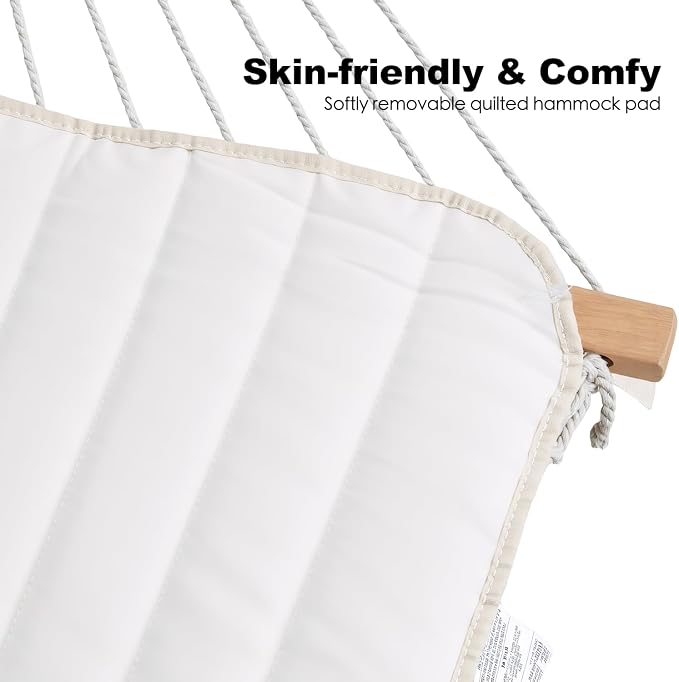 GAFETE 2 Person Hammock with Stand for Outside, 52inch Double Cotton Rope Hammock with Polyester Pad, Heavy Duty Steel Stand, Large Removable Pillow, Storage Bag, Max 475 lbs Capacity (Cream with Pad)
