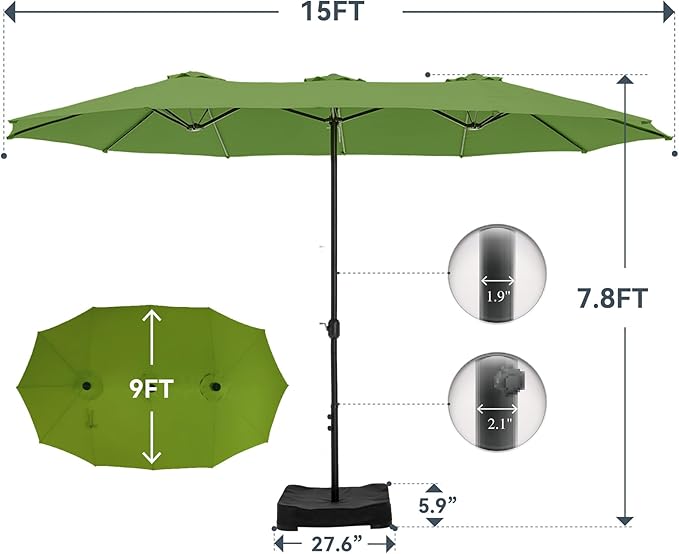 GREEN PARTY 15 ft Rectangular Patio Umbrella with Base Included, Large Double-Sided Outdoor Table Umbrella with Crank, 1.9" Pole UPF 50+ UV Resistant for Pool Deck Backyard Garden, Lime Green
