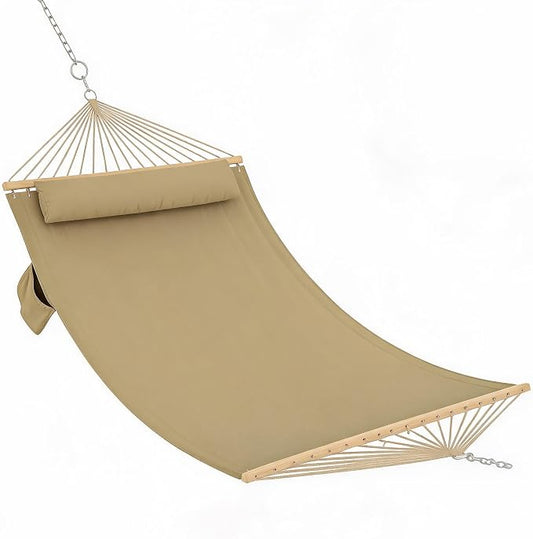 Garvee Double Quilted Fabric Hammock with Hardwood Spreader Bars and Pillow 450 LBS Capacity 2 Person Large Hammock for Outdoor Patio Backyard Poolside（Tan）