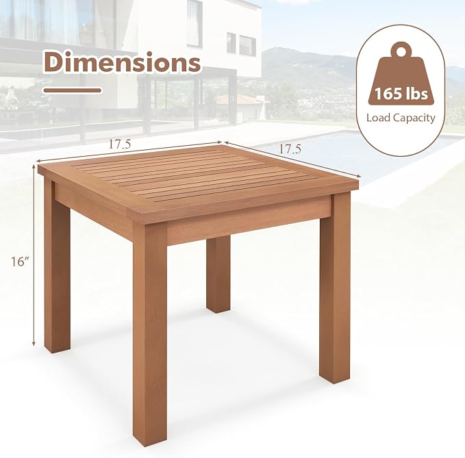 HAPPYGRILL Outdoor Side Table Eucalyptus Wood Square End Table, Wood Patio Table with Slatted Tabletop for Backyard Poolside Porch