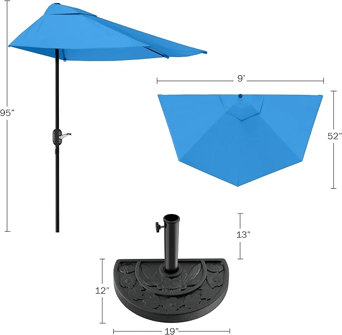 Half Umbrella Outdoor Patio Shade - 9 ft Patio Umbrella with Easy Crank and 20lb Weighted Base - Small Canopy for Balcony, Table, or Deck by Pure Garden (Sky Blue)
