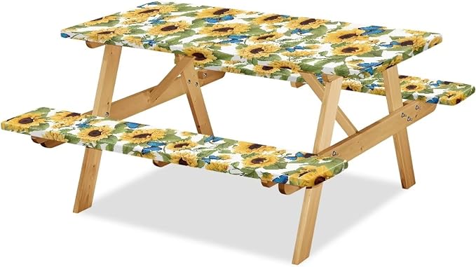 Sunflower Picnic Table Cover with Bench Covers Autumn Outdoor Camping Tablecloth Water and Oil Repellent Elastic Waterproof Picnic Table Cover 3 Piece Set for 6 Foot Tables