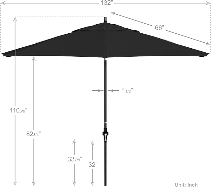California Umbrella 11Ft Premium Sunbrella Patio Umbrella, Hand-Crank, Tilt-Collar, Bronze Frame, Black Fabric