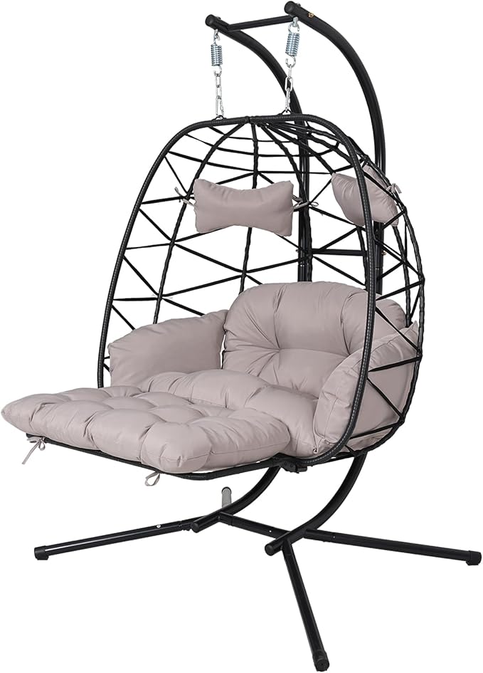 Double Egg Hammock Chair with Stand, Swing Egg Chair, Wicker Hanging Chair with Washable Cushion - Sturdy Metal Stand, 600lbs Capacity for Indoor Outdoor Patio Living Room Etc (Black+Light Gray)