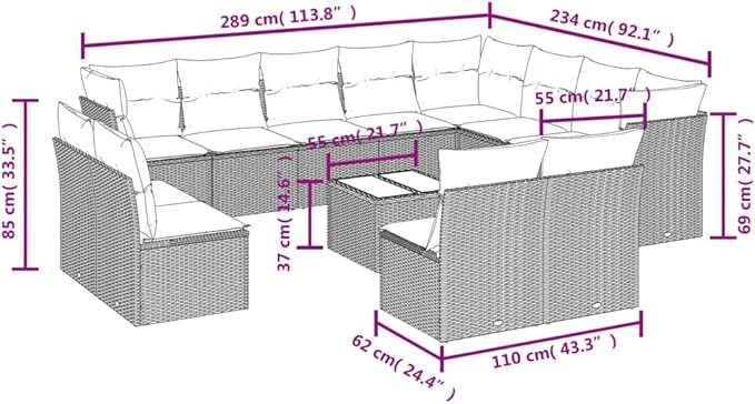 vidaXL Patio Sofa Set with Cushions 13 Piece, Sectional Sofa with Glass Table, Outdoor Conversation Set, Modern Style, Black Poly Rattan
