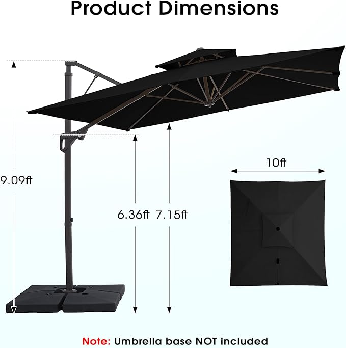 JEAREY 10ft 2-Tier Cantilever Patio Umbrella, Large Square Outdoor Offset Umbrella with Double Top Vent and 360-degree Rotation for Garden, Deck, Pool, Patio, Black