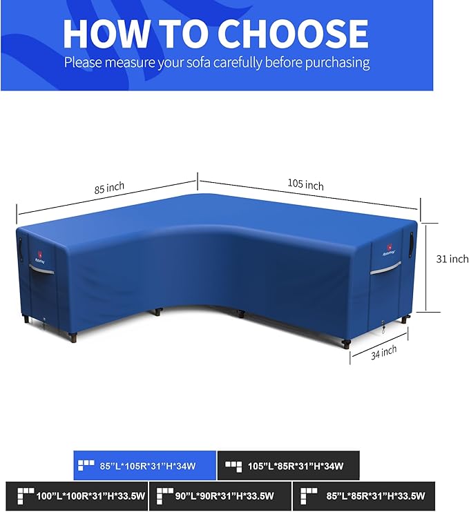 Rosefray 600D Outdoor L-Shaped Sectional Cover,Heavy Duty Anti UV Patio Sectional Sofa Cover with Air Vent, Waterproof Furniture Covers for Deck, Lawn,Backyard Left Facing 85''x105'' Blue