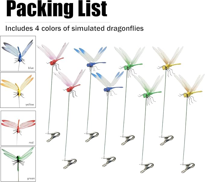 8-Pack Fake Dragonfly Clips, 3D Outdoor Garden Stakes | 3d Realistic Design, Sturdy Clip-On & Garden Stakes, Weatherproof Plastic, Mimics Natural Predator Of Horse Flies