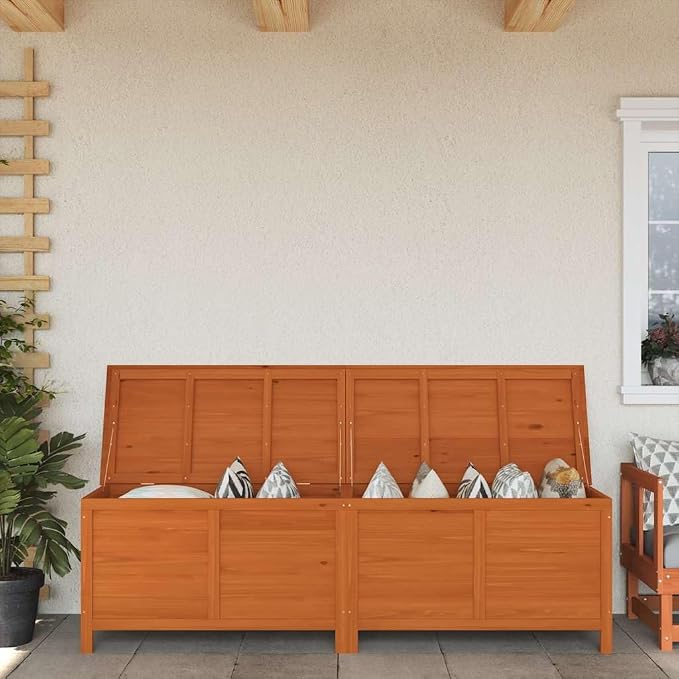 Outdoor Garden Storage Box, 78.1in Large Wooden Deck Box, Patio Furniture Organizer for Cushions, Toys and Tools, Solid Fir Wood Storage Bin, Brown