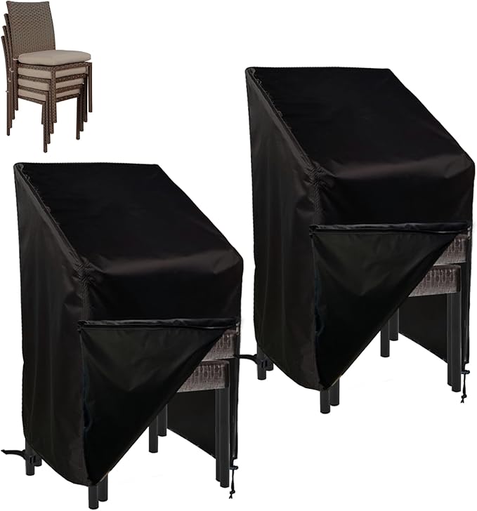 Zipper Stacking Chair Cover 420D, Quick Installation Patio Chair Cover, Outdoor Patio Furniture Covers for Stacked Chairs, Outdoor Lawn Dining Chair Covers with Zipper 2 Pack