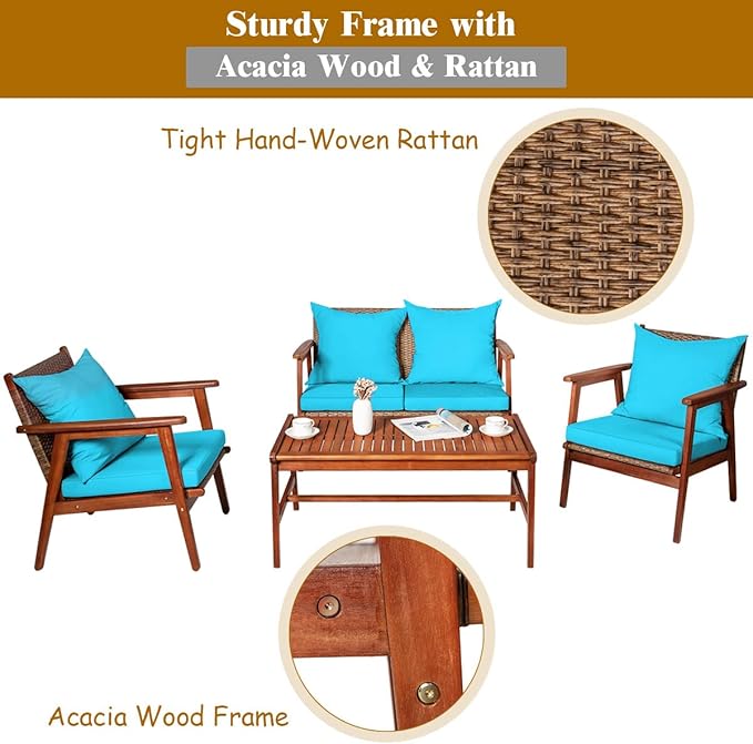 Tangkula 8 PCS Patio Wood Sofa Set, Outdoor Acacia Wood Seating Chat Set with Cushions & Coffee Table, Sectional Conversation Sofa Set for Garden, Backyard, Poolside (2, Turquoise)