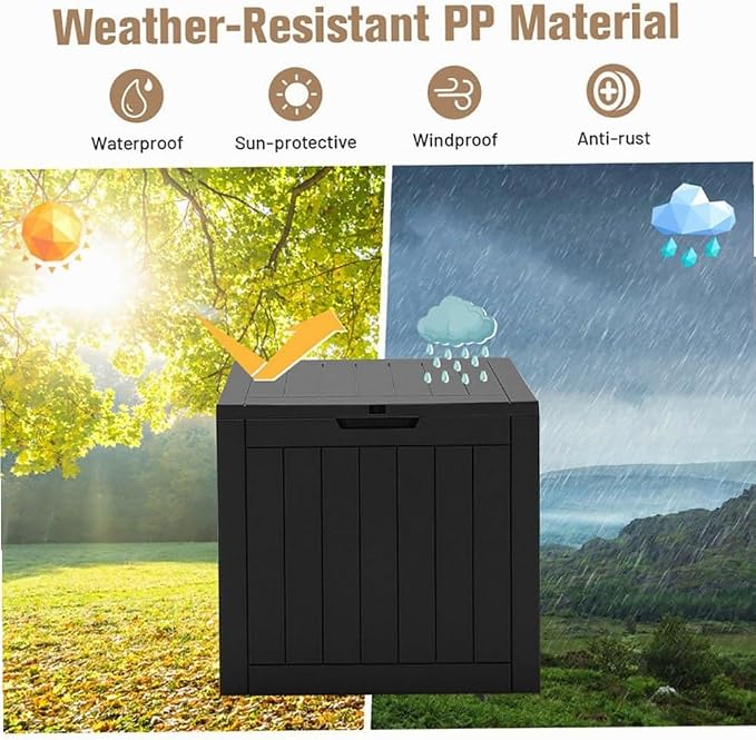 Black 30-Gallon PP Woodgrain Deck Box Outdoor Storage Seat with Waterproof Lid, 22x17x21in for Patio