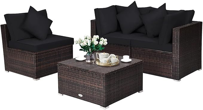 HAPPYGRILL 4-Piece Patio Conversation Set Outdoor Wicker Sofa Set, Modern Sectional Couch Set with Washable Cushions & Pillows, All Weather PE Rattan Patio Furniture Set