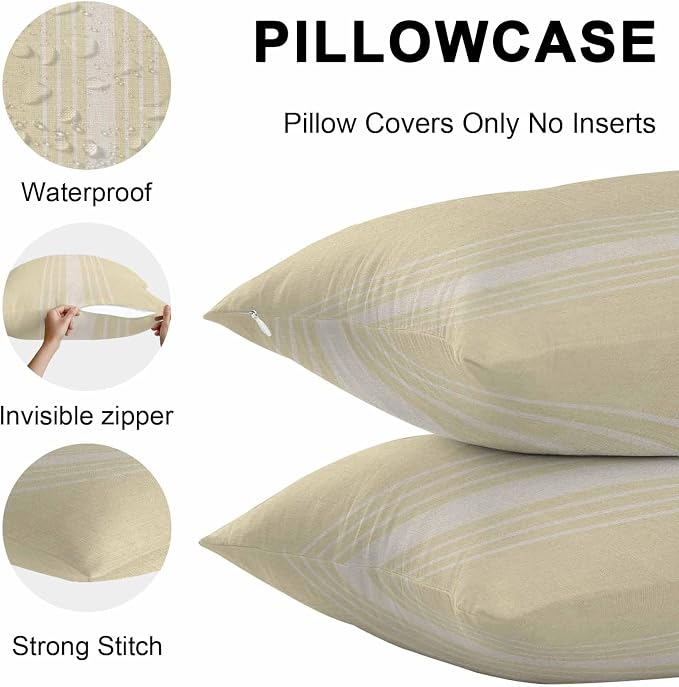 Cream Beige Striped Outdoor Pillow Covers 26x26 Inch Throw Pillow Covers Set of 2 Waterproof Decorative Pillow Cases Modern Farmhouse Retro Lines Cushion Covers for Patio Furniture Garden Couch Sofa