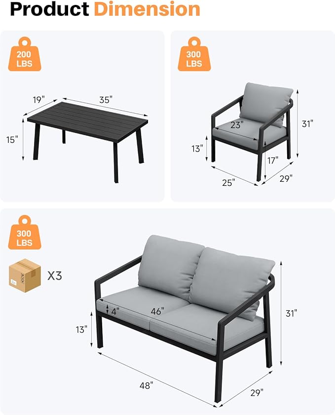 4 Pieces Outdoor Sofa Set, Never-Rust Aluminum Patio Conversation Set with Removable Cushions, Patio Furniture Set with Patio Loveseat, 2 Sofa Armchairs and Coffee Table for Pool, Deck, Black