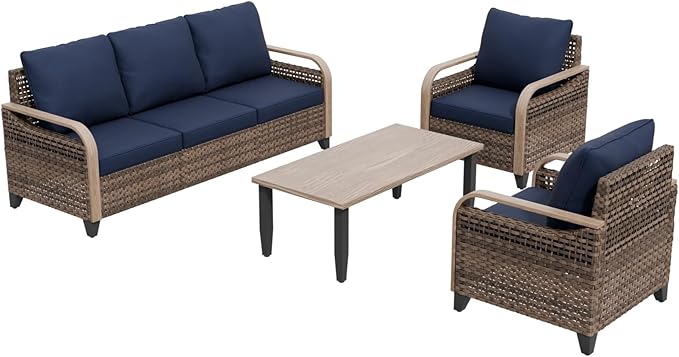 COOS BAY Modern Wicker Outdoor Furniture Set, 4 Piece Patio Conversation Set with 2 Patio Chairs, a 3 Seat Couch and Side Table, 4 Piece, Brown/Blue