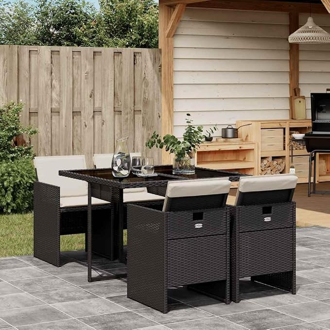 5-Piece Garden Dining Set in Black and Cream with Soft Cushions, PE Rattan and Powder-Coated Steel Frame for Outdoor Patio Use